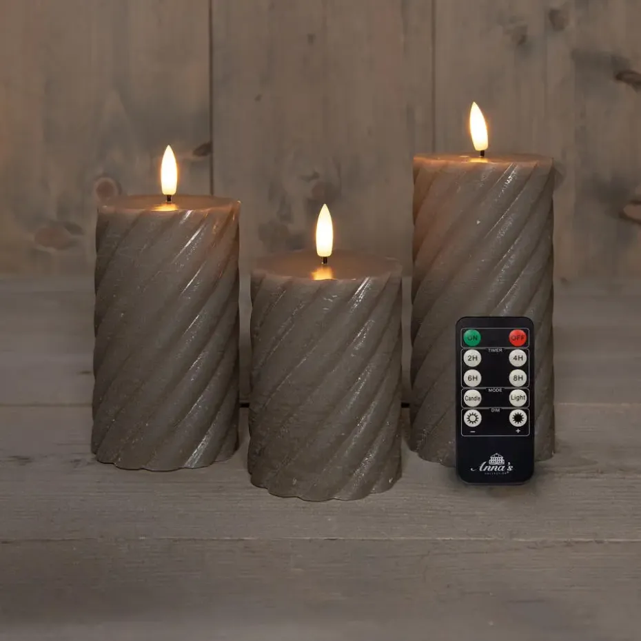 Anna Collection LED kaarsen - 3x - taupe grijs -swirl