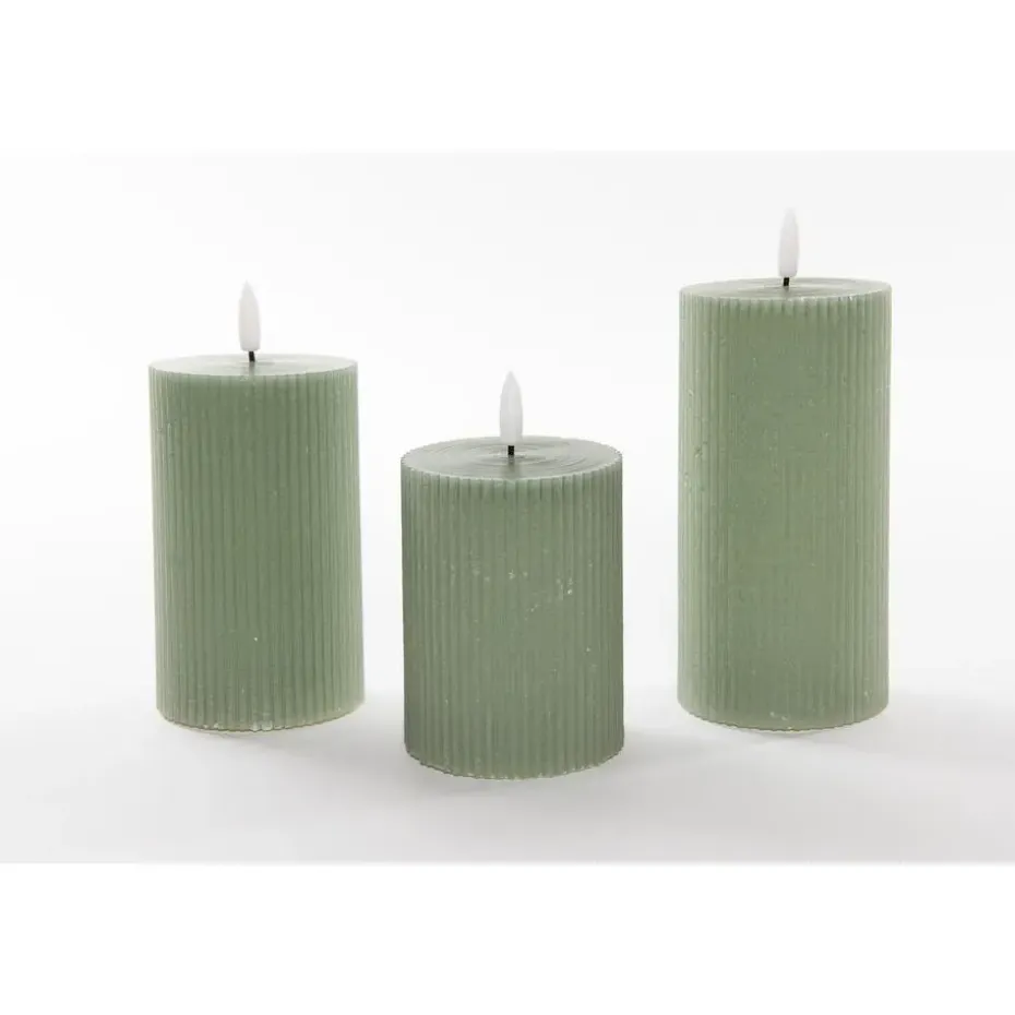 Anna Collection LED stompkaarsen - 3x - jade groen - ribbel - H7,5 cm