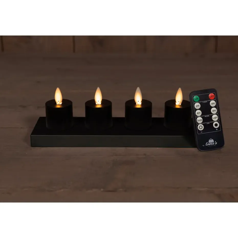Anna's Collection Oplaadbare LED theelichtjes - 4x - zwart -H6 cm
