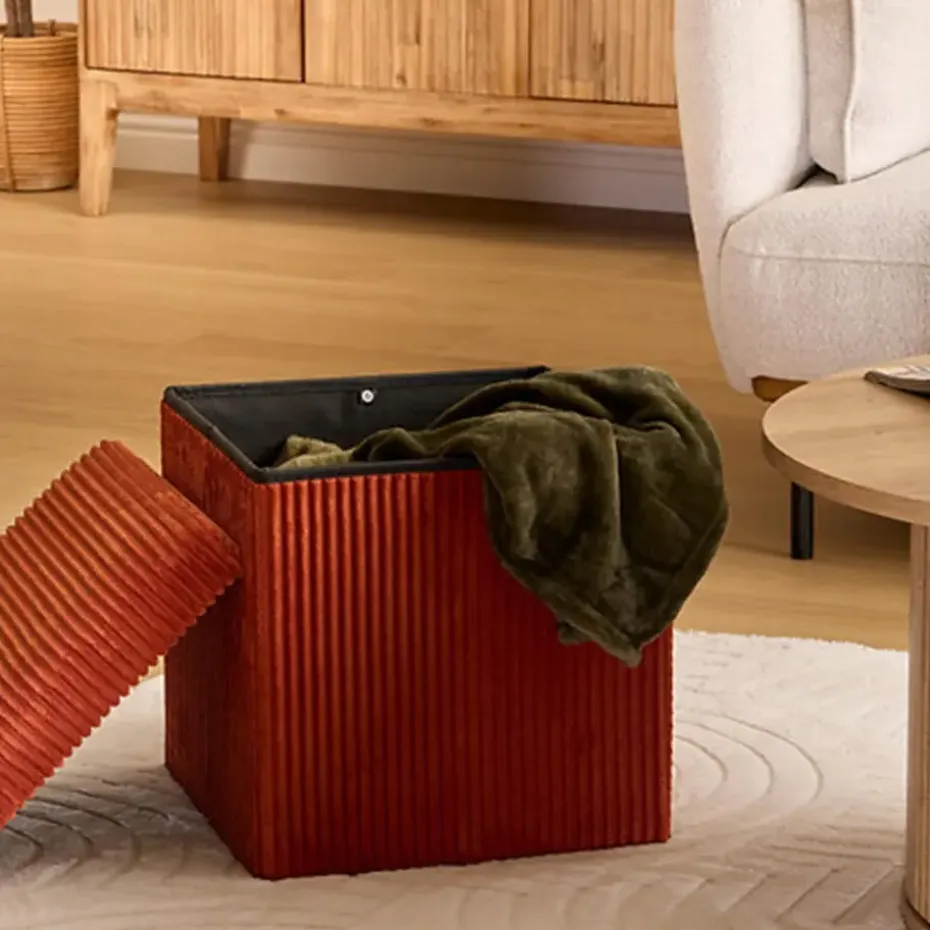 Atmosphera Hocker/poef Ribcord opvouwbaar - donkerrood - 38x38cm