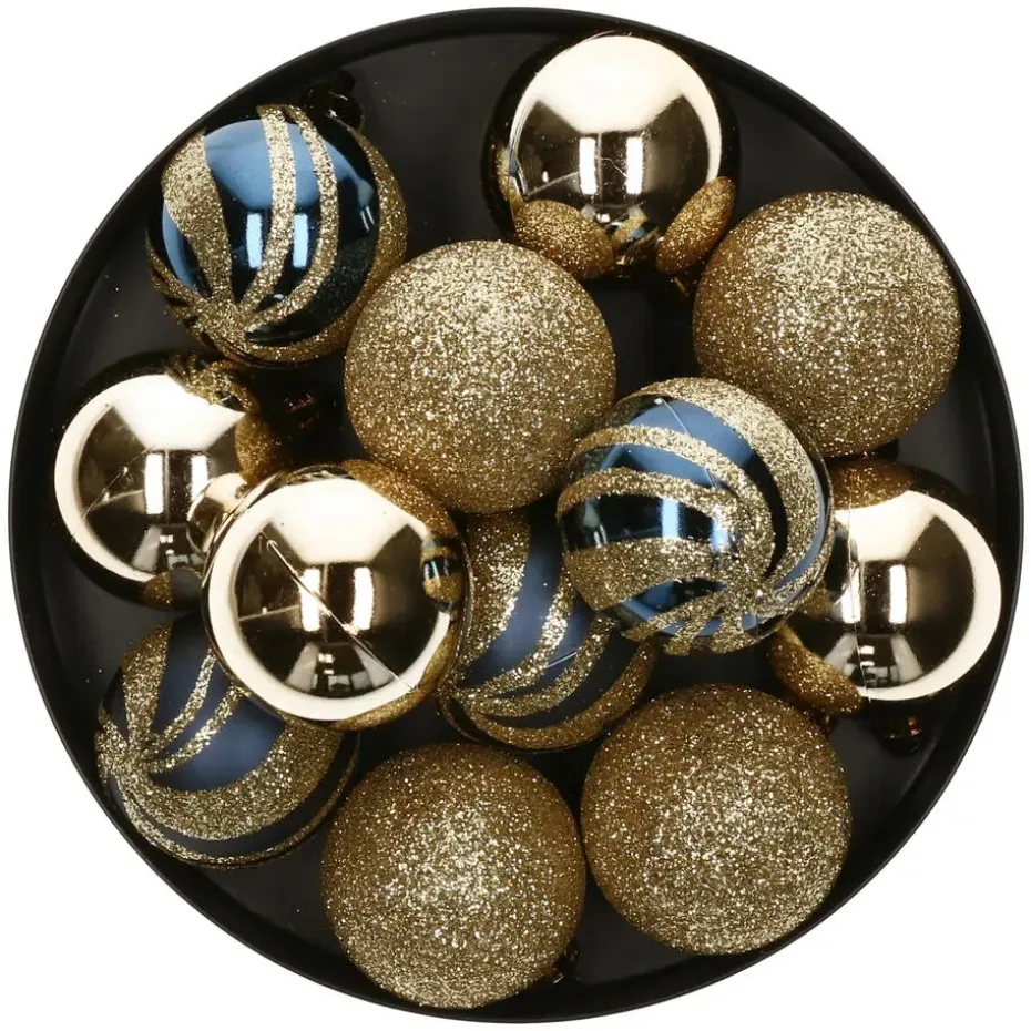 Atmosphera Kerstballen - 12st - kunststof - goud-blauw - 4cm