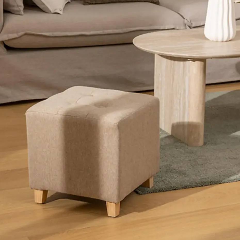 Atmosphera krukje/poef - hout/stof - beige - D35 x H35 cm