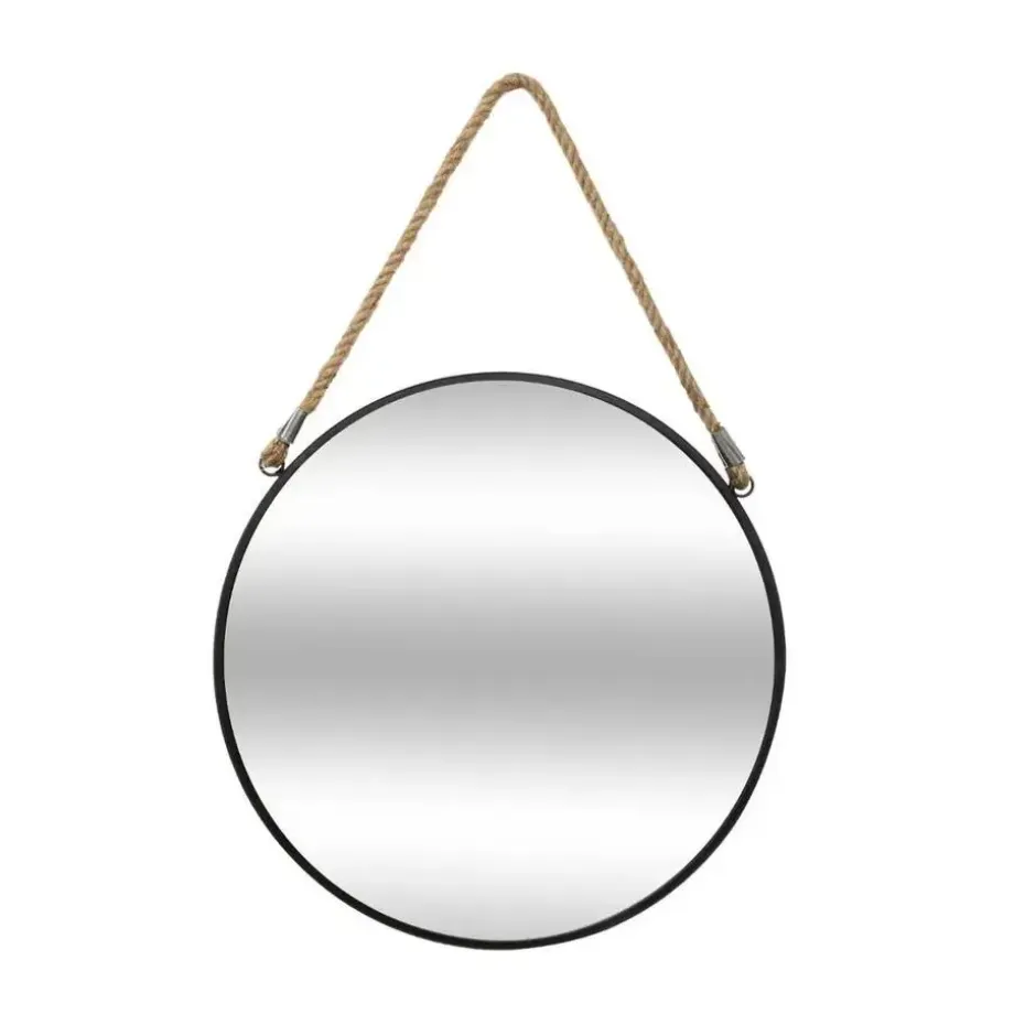 Atmosphera Wandspiegel - rond - zwart - met touw - metaal - 38 cm