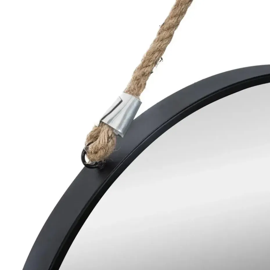 Atmosphera Wandspiegel - rond - zwart - met touw - metaal - 38 cm