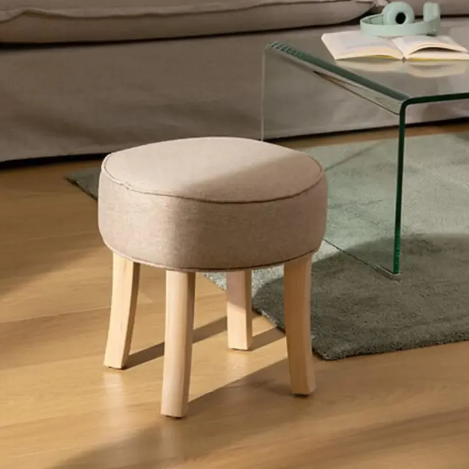 Atmosphera Zit krukje - hout/stof - beige fluweel - D35 x H40 cm