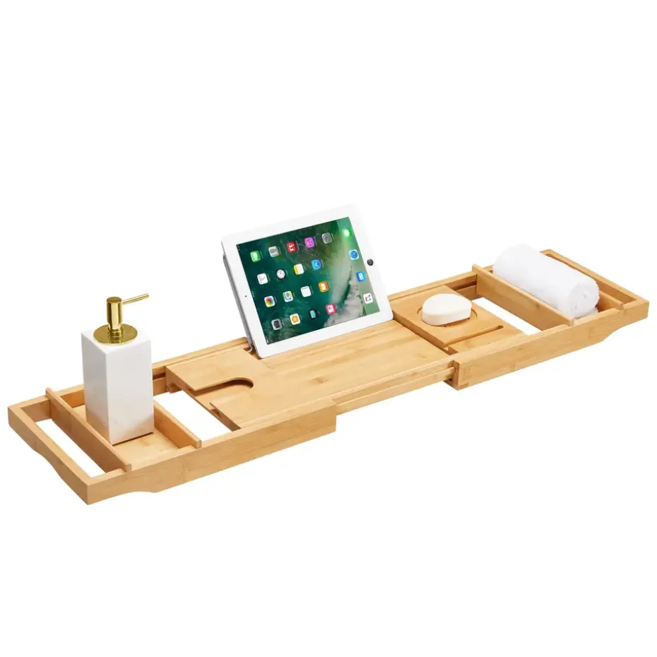 Badplank met Boekenhouder – Uitschuifbare Bad Brug – 75 tot 109 cm Breed