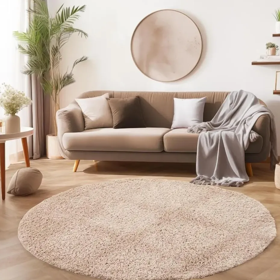 Basic Rond Shaggy vloerkleed Beige Hoogpolig - 200 CM ROND