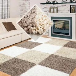 Basic Shaggy Geblokt vloerkleed Bruin / Beige Hoogpolig - 160x230 CM