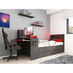 Bed Bzone 90x200 cm met bedlade, bureau en ledverlichting - antraciet
