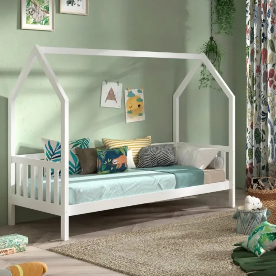 Bedhuisje Home - 90x200 cm - met hekje - wit dennenhout