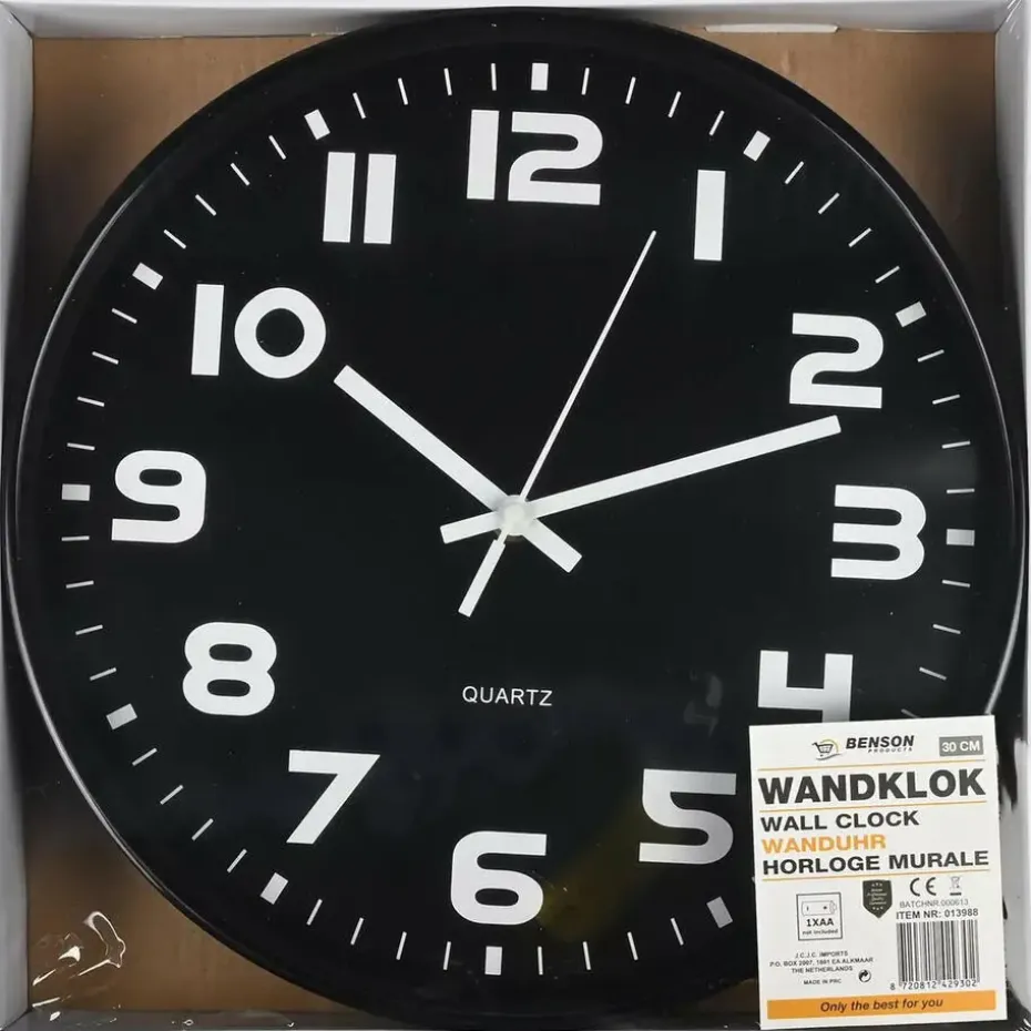 Benson Wandklok - zwart - D30 cm - modern design - stijlvol