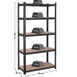 Bobbel Garden- Stellingkast - 5 planken - 180 x 90 x 40 cm - Zwart