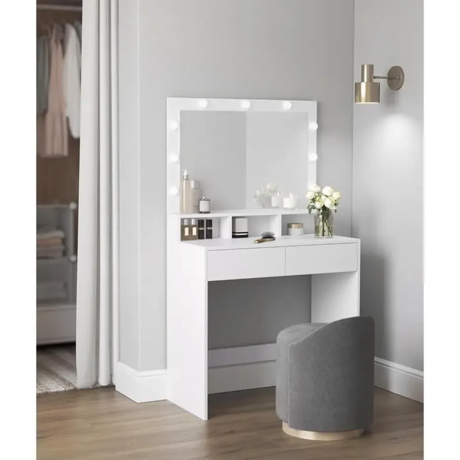 Bobbel Home - Witte Kaptafel - Rechthoekige spiegel - Gloeilampen