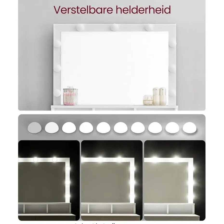 Bobbel Home - Witte Kaptafel - Rechthoekige spiegel - Gloeilampen
