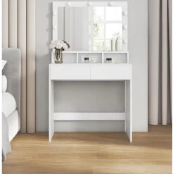 Bobbel Home - Witte Kaptafel - Rechthoekige spiegel - Gloeilampen