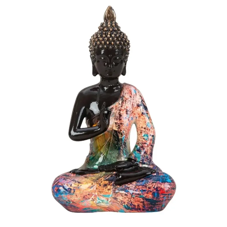 Boeddha beeld - kunststeen - zwart/kleurenmix - 16 x 26 cm