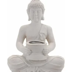 Boeddha beeldje - Solar lamp - wit - polystone tuindecoratie - 28 cm