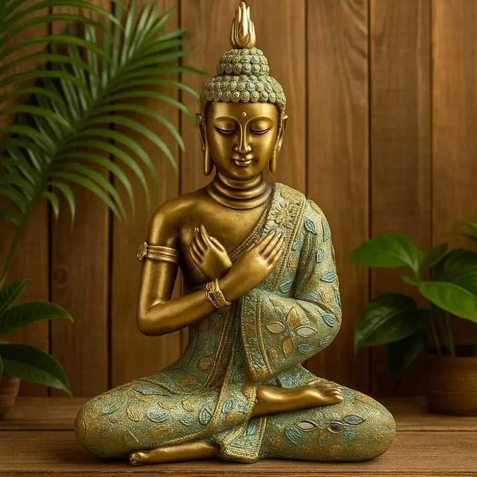 Boeddha beeldje - zittend - goud/groen - tuin en woondecoratie - 33 cm