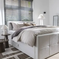 Boxspring met opbergruimte en voetbord Liv geblokt - ecru - 160x200cm