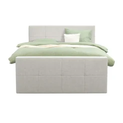 Boxspring met voetbord Liv geblokt - ecru - 140x200 cm - vierkante poot