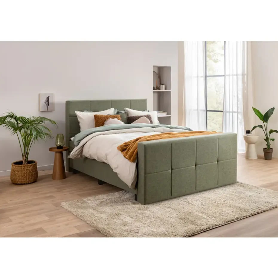 Boxspring met voetbord Liv geblokt - groen - 120x200 cm - ronde poot