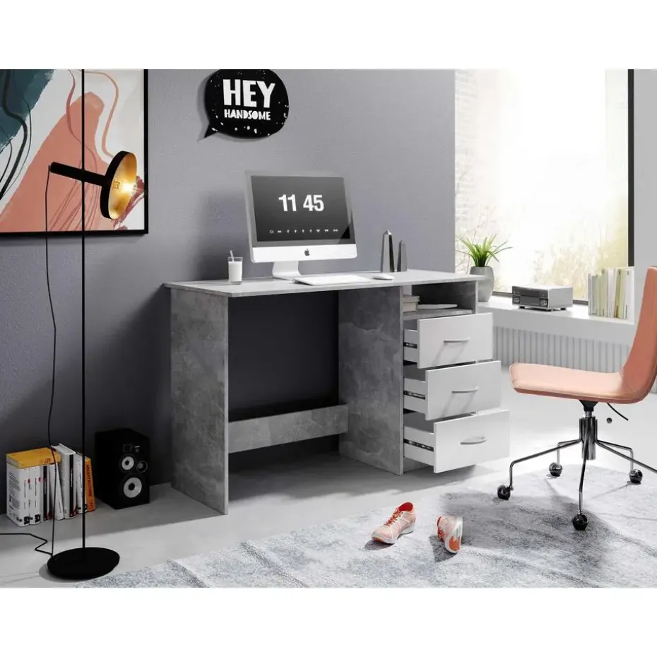 Bureau Adriano 123cm met 3 lades - beton/wit
