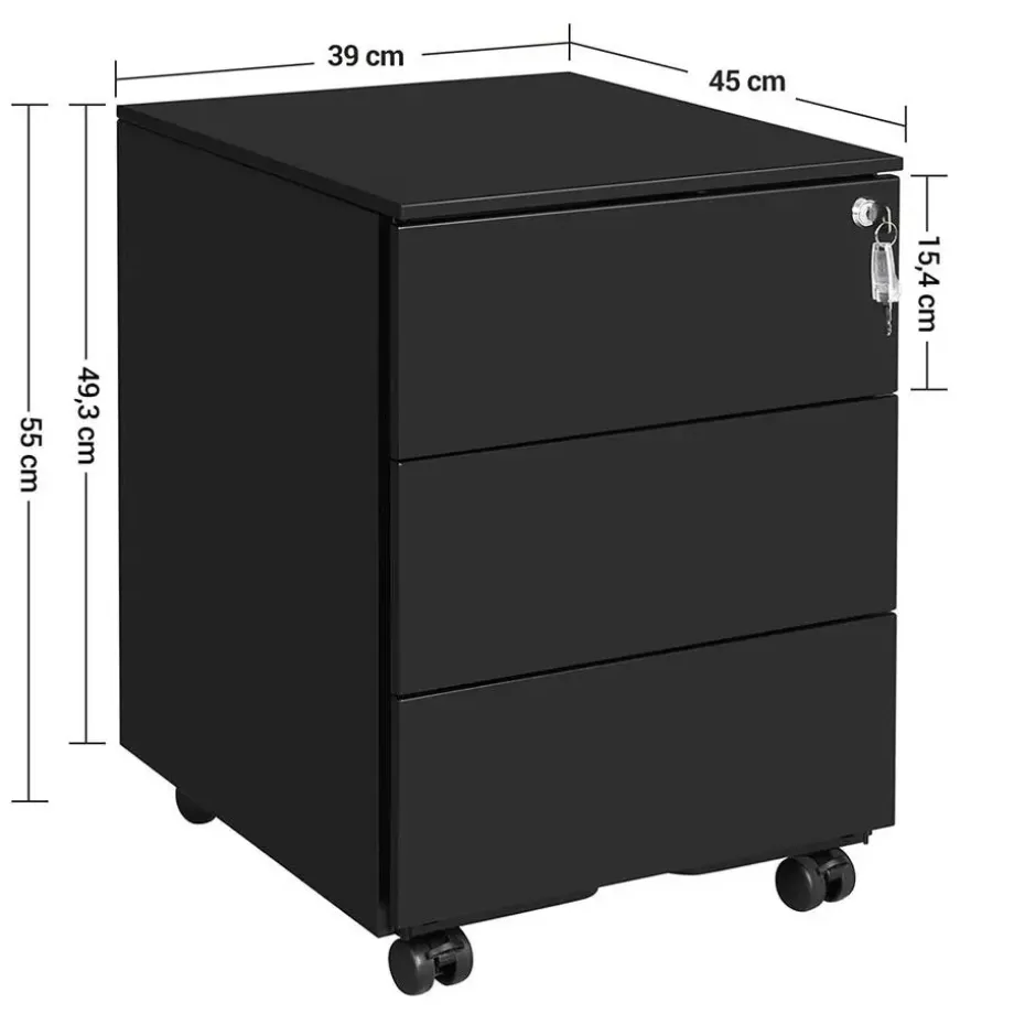 Bureau Ladeblok verrijdbaar Incl. Slot - 55x45x39cm - Zwart