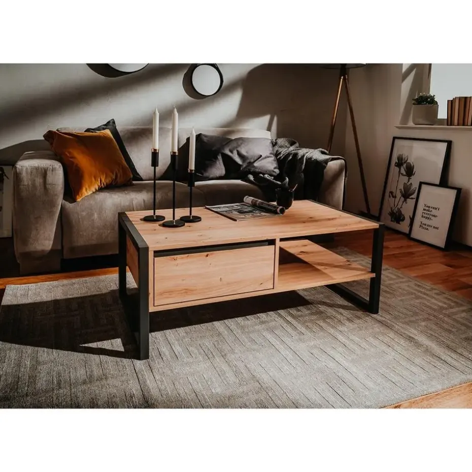 CALICOSY - Salontafel DENVER - Handgemaakt eiken / grijs - 40x100x55 cm