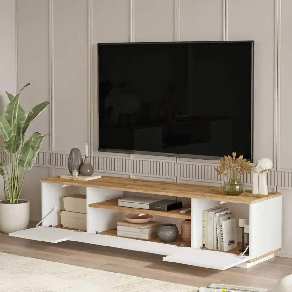 CALICOSY - TV-Meubel FR7-AA - Handgemaakt eiken / wit - 44,6x180x44,5 cm