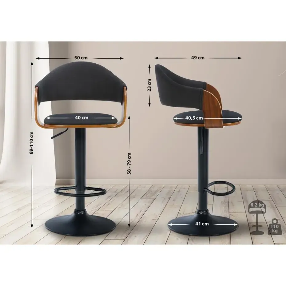 CLP Barkruk Nilse zwart Frame - Stof - walnoot/zwart