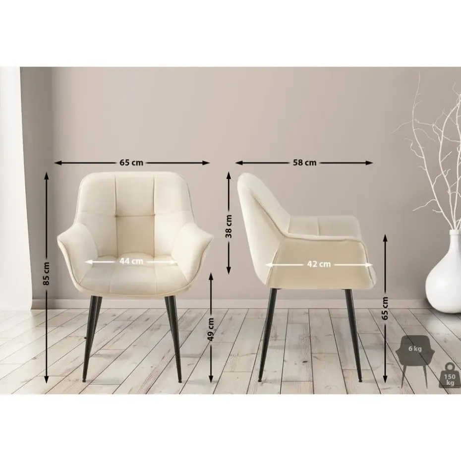 CLP Eetkamerstoel Roseville zwart Frame - Fluweel - creme