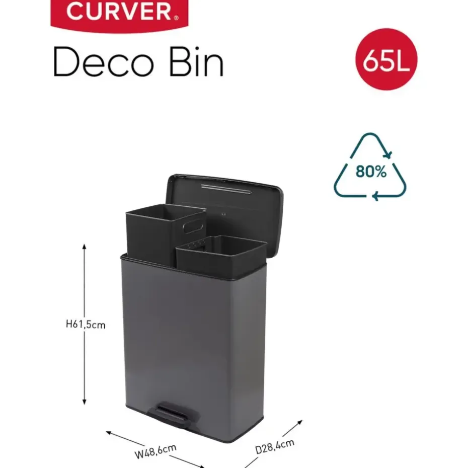 Curver Decobin Duo Prullenbak - 26L+26L - Rechthoekig - Cool Grey