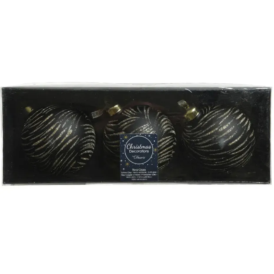 Decoris Kerstballen - 3 stuks - brass zwart met goud - 8 cm