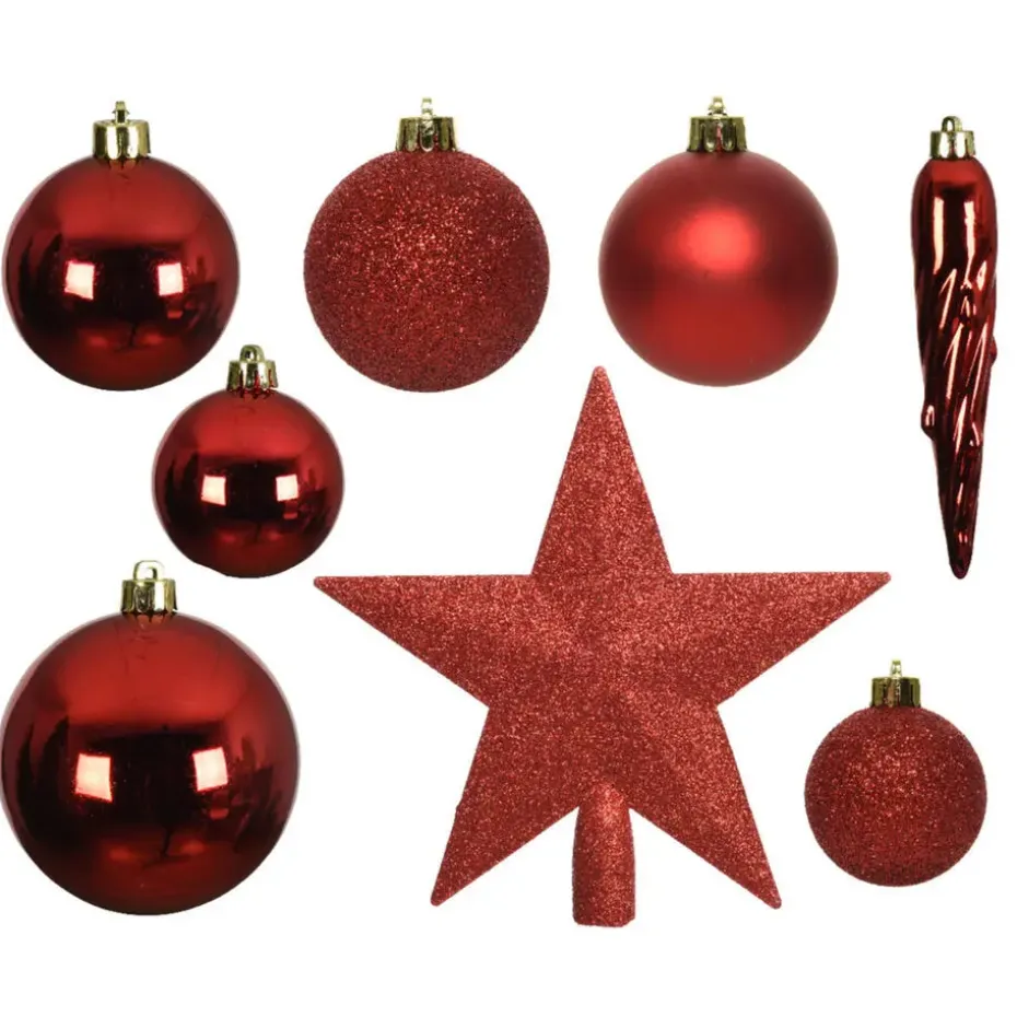 Decoris kerstballen - 34-dlg - rood - kunststof