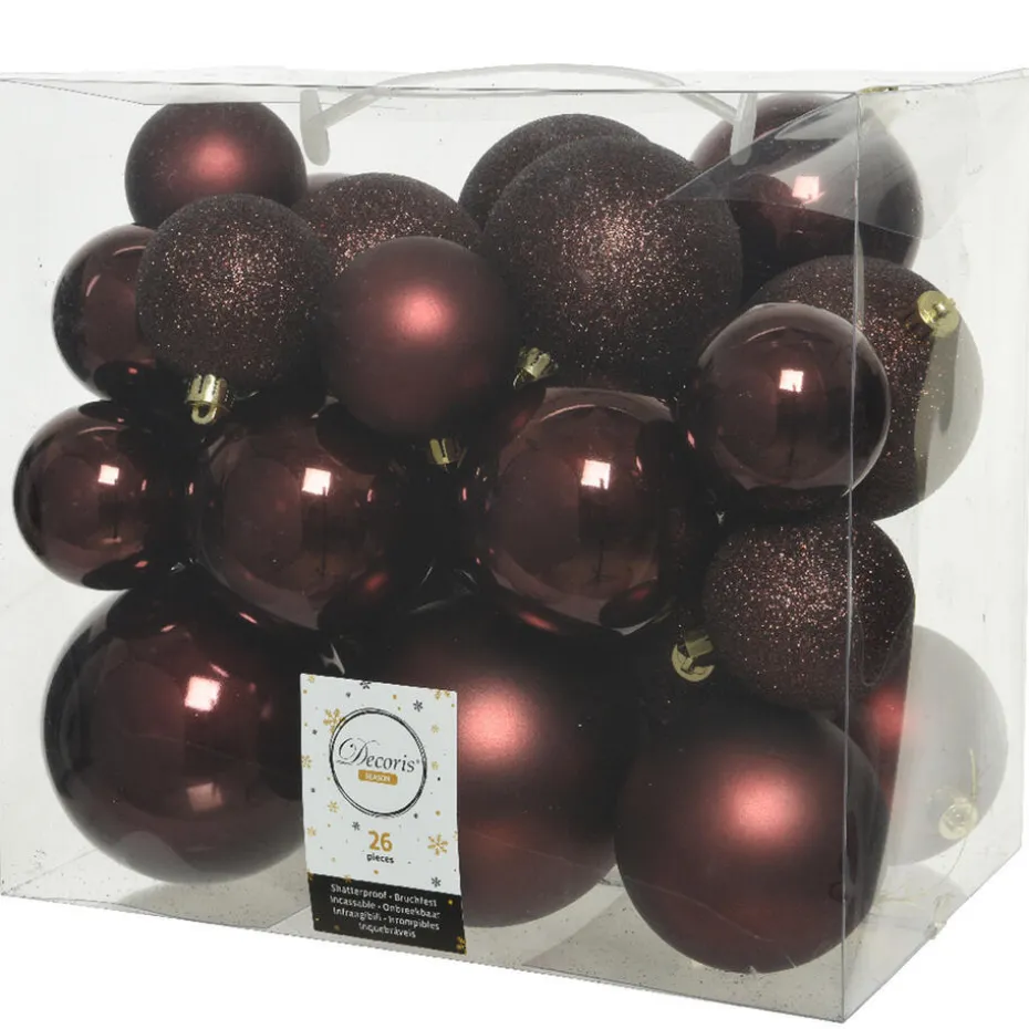 Decoris Kerstballen - 26x st - mahonie bruin - 6-8-10 cm
