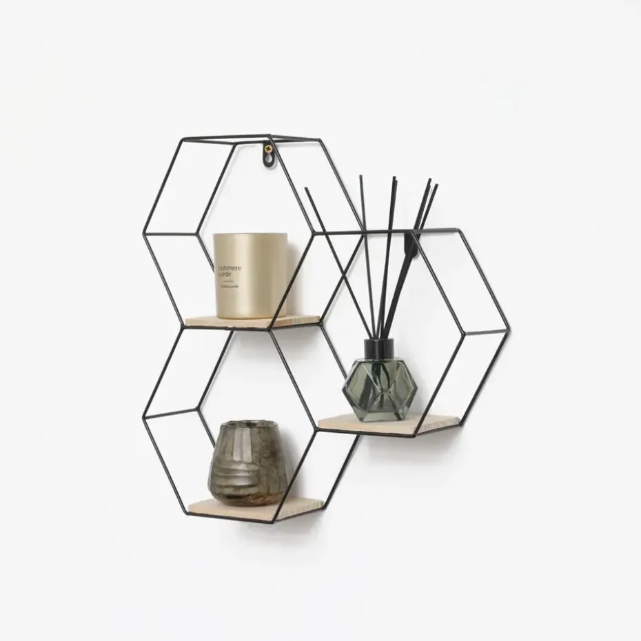 Driedubbel zeshoekig metalen wandrek met 3 houten plankjes - 40,5x41 cm - Zwart
