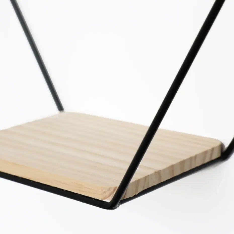 Driedubbel zeshoekig metalen wandrek met 3 houten plankjes - 40,5x41 cm - Zwart
