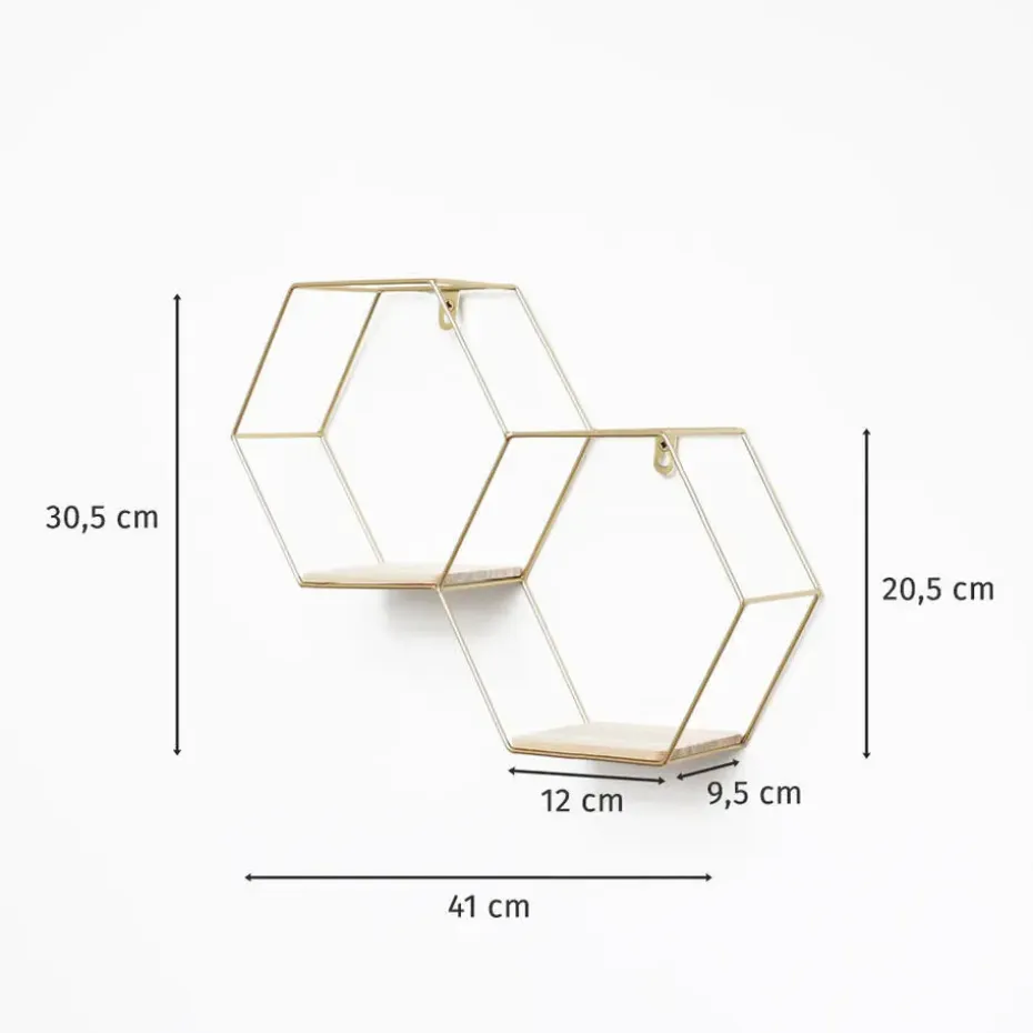 Dubbel zeshoekig metalen wandrek met 2 houten plankjes - 30,5x41 cm - Goud