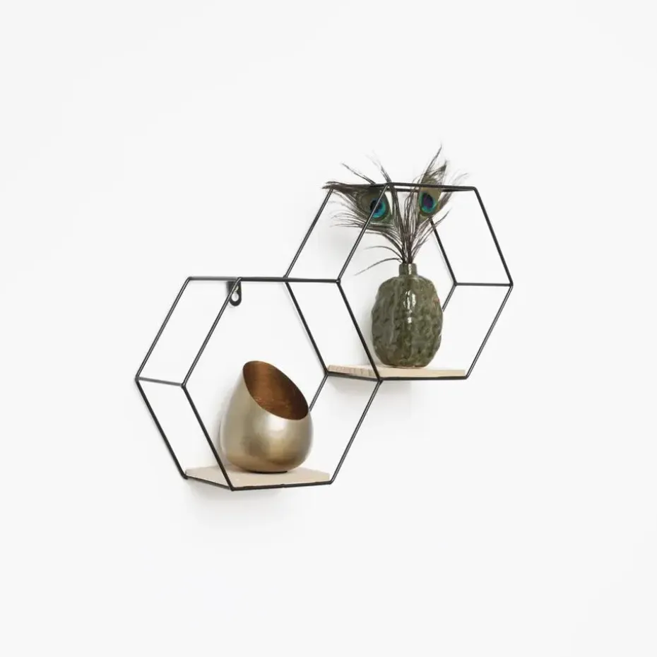 Dubbel zeshoekig metalen wandrek met 2 houten plankjes - 30,5x41 cm - Zwart