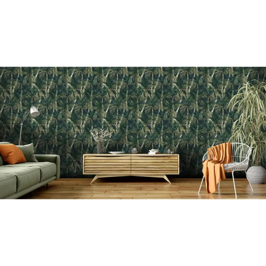 Dutch Wallcoverings - Eden palmbomen zwart/groen - 0,53x10,05m