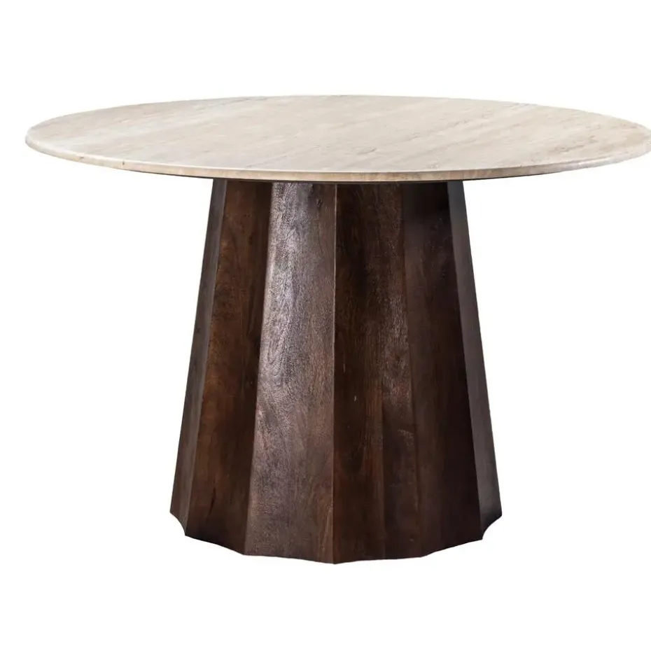 Eettafel Ø120cm - Wit Travertin Blad - Bruin Onderstel