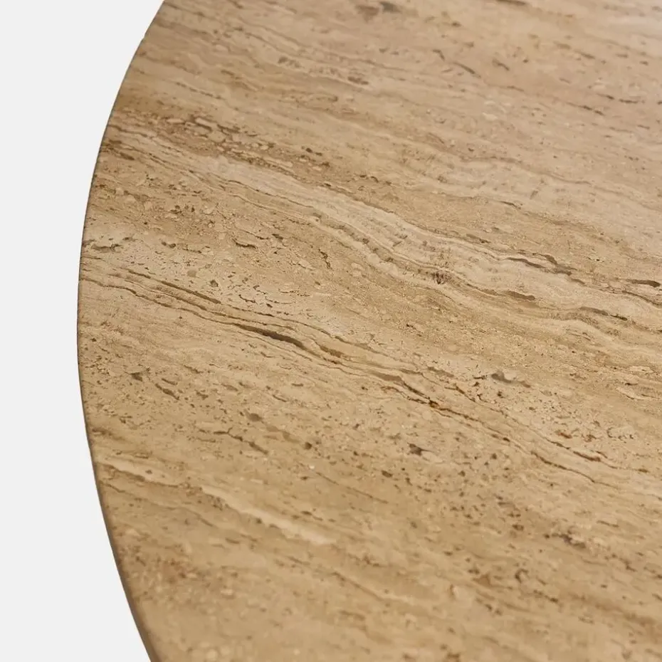 Eettafel Ø120cm - Wit Travertin Blad - Bruin Onderstel