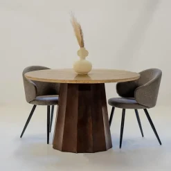 Eettafel Ø120cm - Wit Travertin Blad - Bruin Onderstel