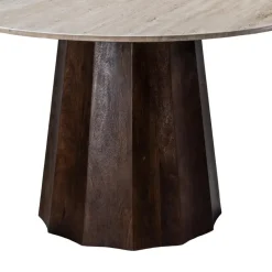 Eettafel Ø120cm - Wit Travertin Blad - Bruin Onderstel