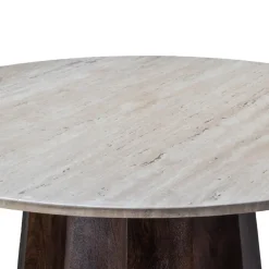 Eettafel Ø120cm - Wit Travertin Blad - Bruin Onderstel