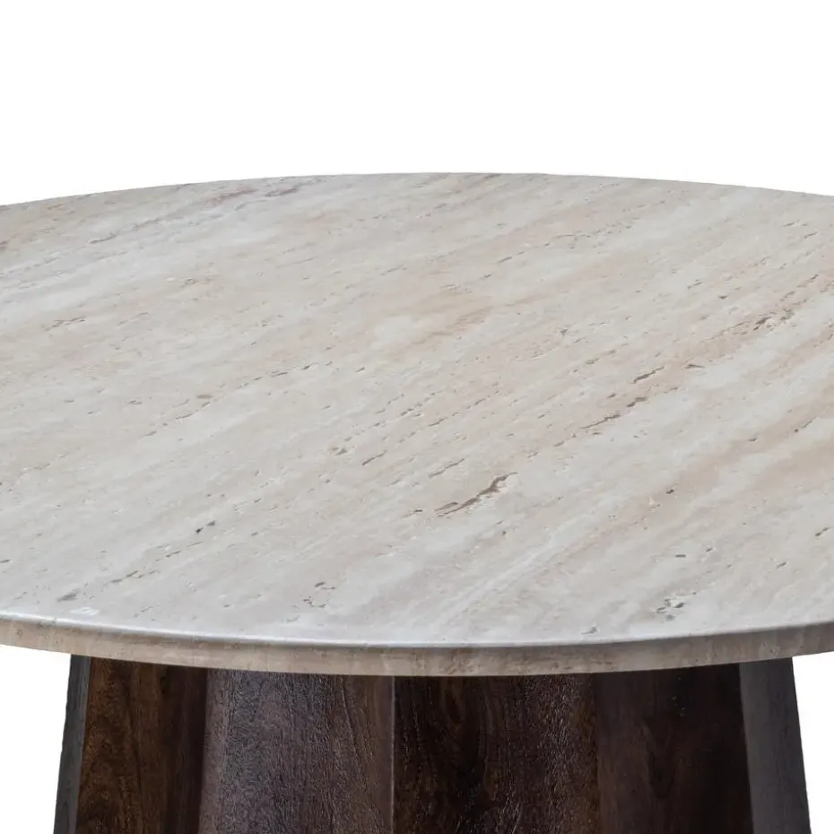 Eettafel Ø120cm - Wit Travertin Blad - Bruin Onderstel