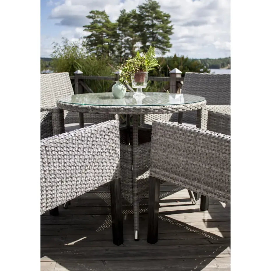 Eettafel Grijs Wicker/Glas - Ø90x74cm - Volta
