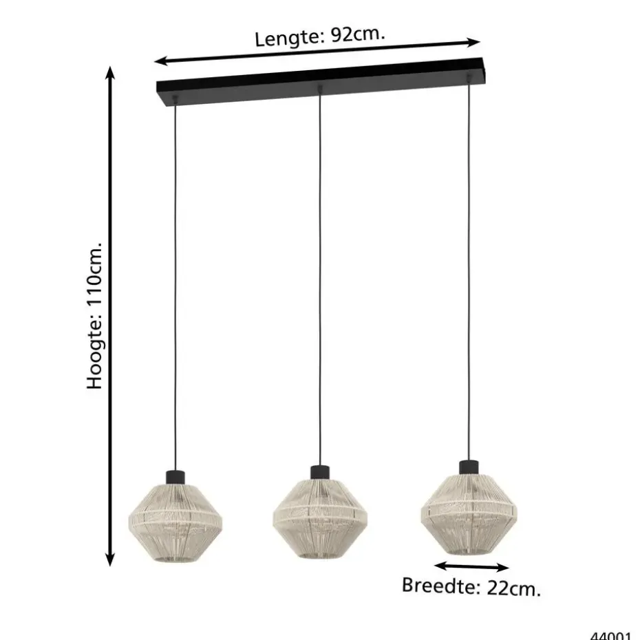 EGLO Midsumer Hanglamp - 3 x E27 - 92 cm - Zwart/Crème - Textiel