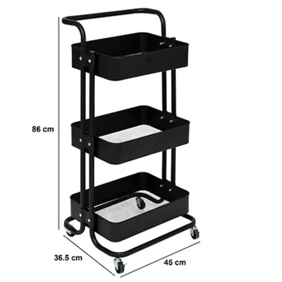 5Five Keuken/badkamer opberg trolley - 3 laags - zwart