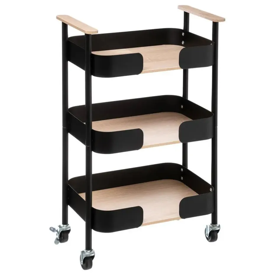 5Five Keukentrolley/kast - zwart - metaal/hout - 75 x 46 x 29 cm - 3 niveaus - B